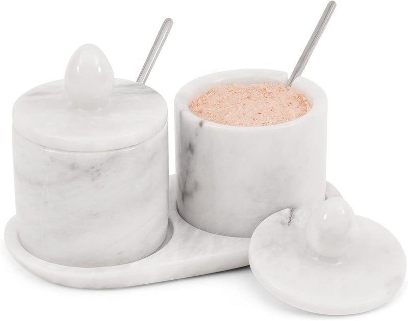 MARBLE RANGE Marble Salt Cellar with Lid and tray 4 Inch White Handmade Salt Container, Set of 2 Seasoning Jars, Spice Storage Containers for Kitchen Countertop, Sugar Bowl - Image 1